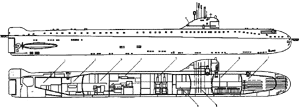Опытная подводная лодка проекта 627 (1958 год):
	Отсеки: 9-кормовой, 8-жилой, 7-электромеханический, 6-турбинный, 5-реакторный,
	4-отсек вспомогательного оборудования, 3-центральный пост, 2-акуумуляторный, 1-торпедный.